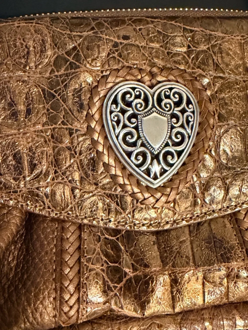 BRIGHTON Heraldic Heart Organizer Crossbody Bag with attached wallet, bronze